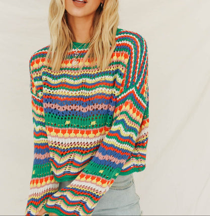 Lässiger gestreifter Patchwork-Strickpullover für Damen