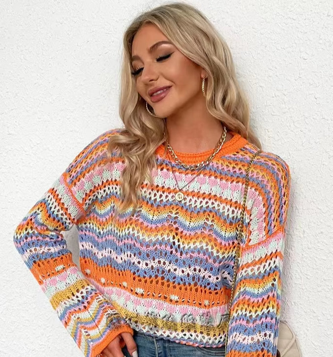 Lässiger gestreifter Patchwork-Strickpullover für Damen